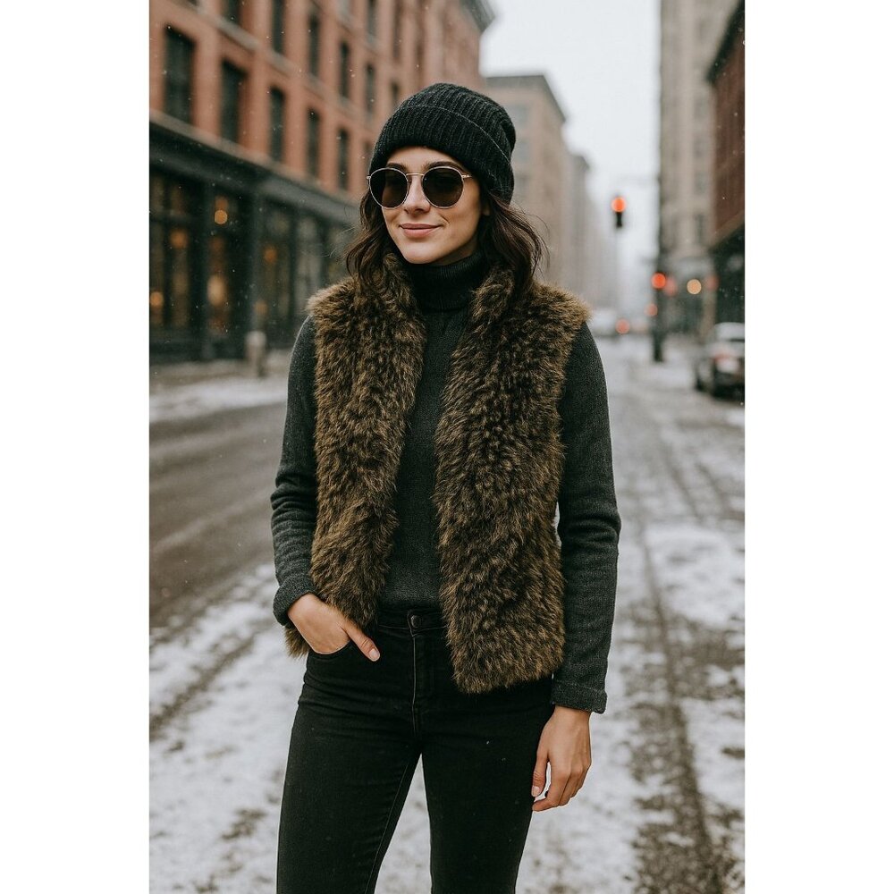 FU DA Faux Fur Vest Women’s M  Brown  Reversible Shaggy Sleeveless Jacket Boho
